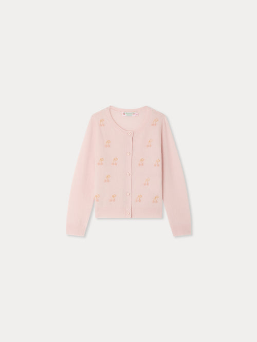Cardigan Marisha rose cerises et perles brodées main en cachemire