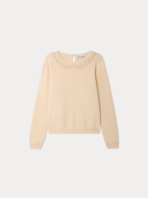 Maonie Grown-Up Kaschmirpullover mit Kunstkragen und handbestickten Perlen