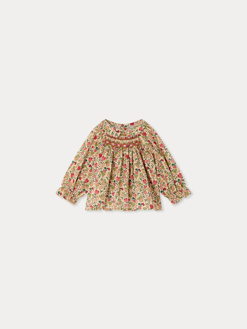 Blouse bébé Pompom en tissu Liberty smockée et brodée main en coton biologique