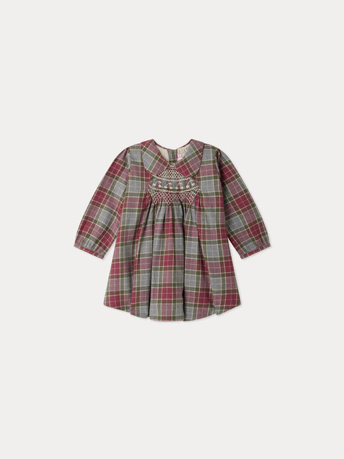 Vestido de bebé Mauve de cuadros con cuello Claudine fruncido y bordado a mano