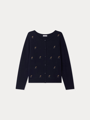Cardigan Marisha Grown-Up marineblau mit handbestickten Kirschen und Perlen aus Kaschmir